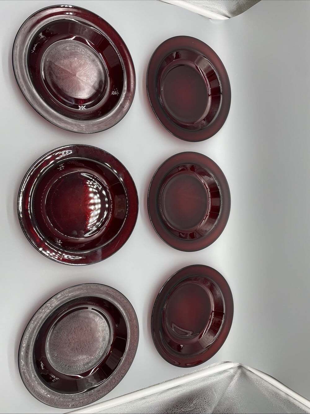 6 VTG Arcoroc France Ruby Red 8 3/8" Shallow Rimmed Soup / Salad Bowls